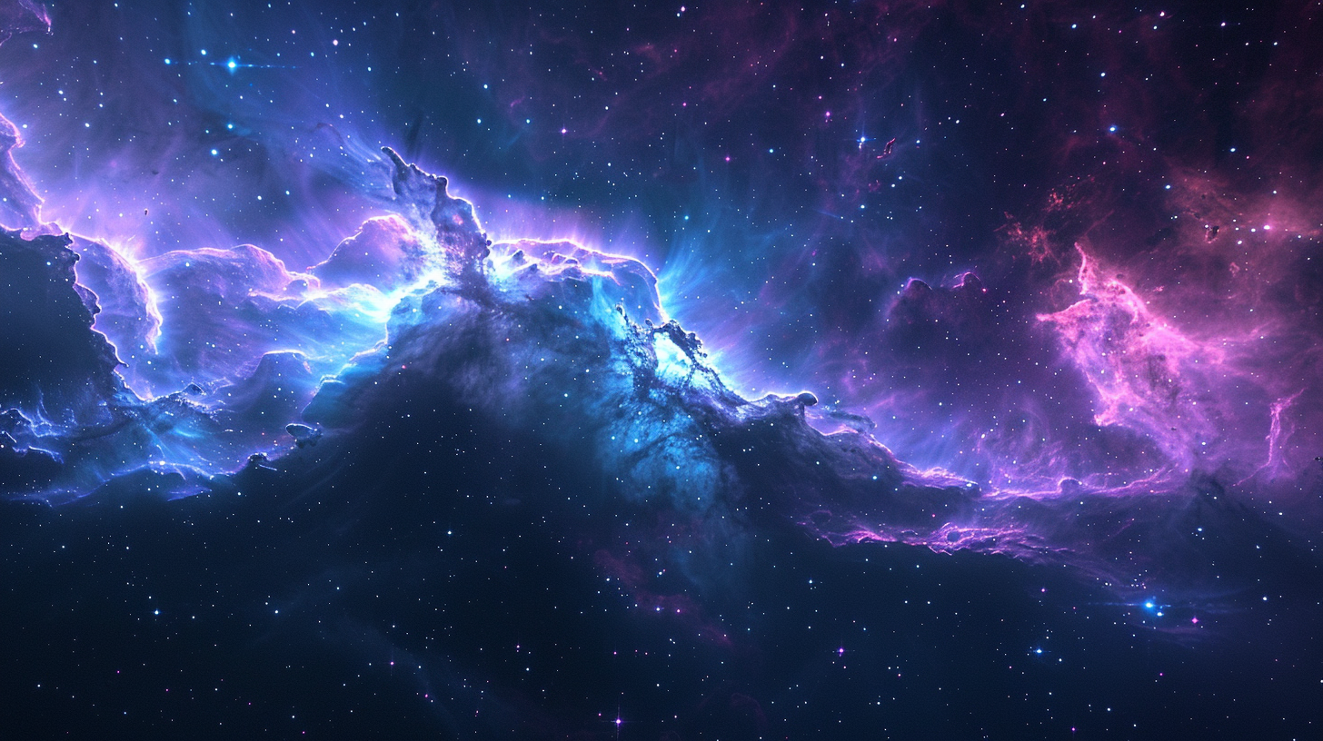 Vivid nebula of swirling purple, blue, and magenta gas illuminated by a bright cyan core, scattered with distant stars